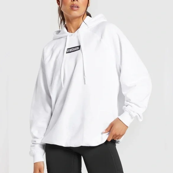 GYMSHARK White Hoodie Black Center Logo Unisex Size Medium Sporty Activewear - Picture 9 of 11